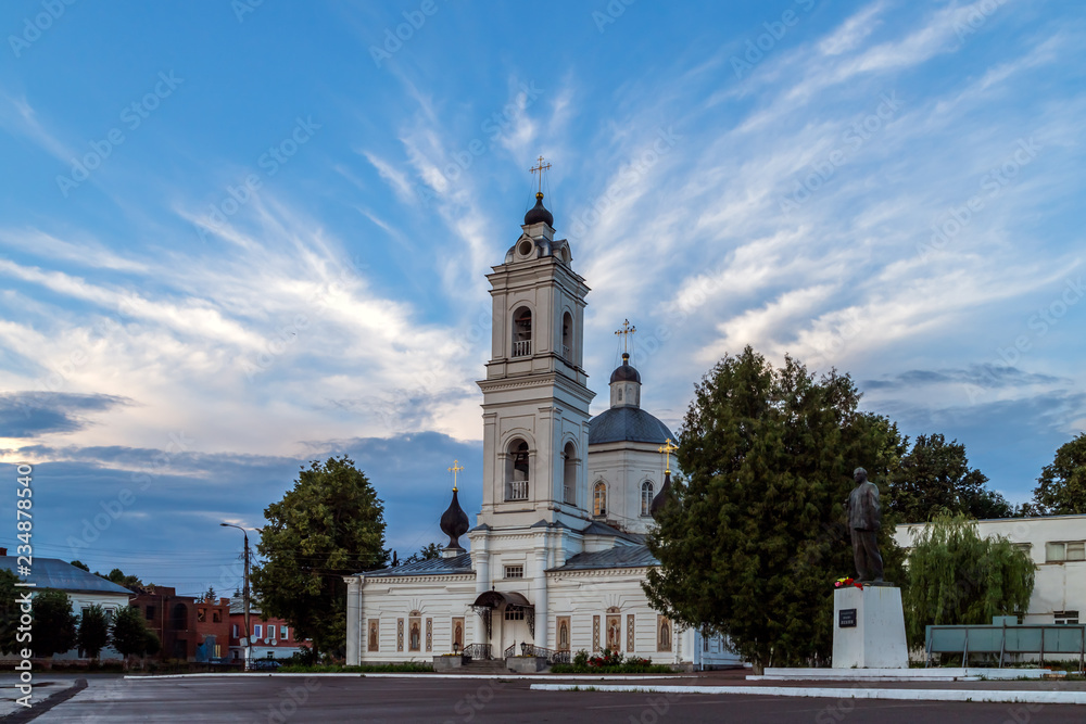 Tarusa, Kaluga region, Russia. Main square of the city with Cathedral of St. Peter and Paul and monument to Lenin. Holidays in Russia.