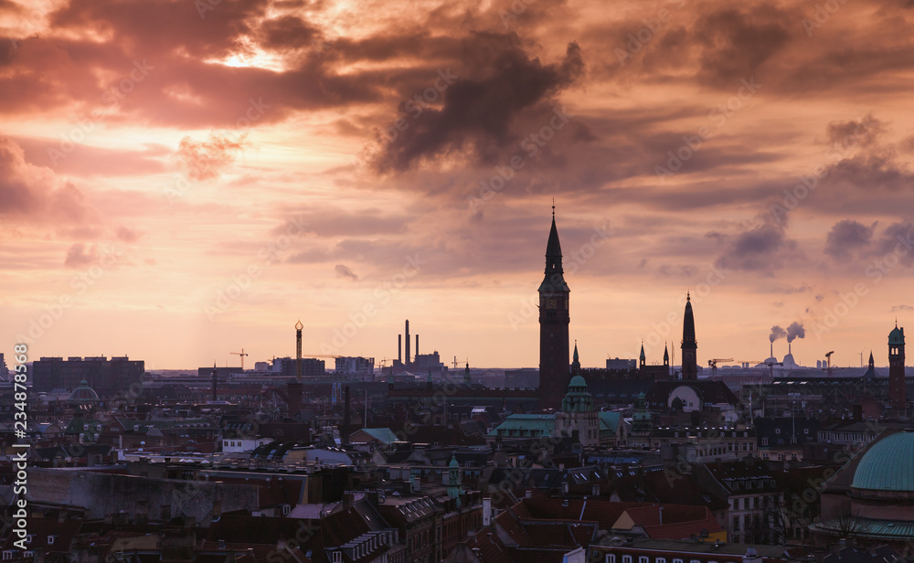Dark silhouette skyline of Copenhagen
