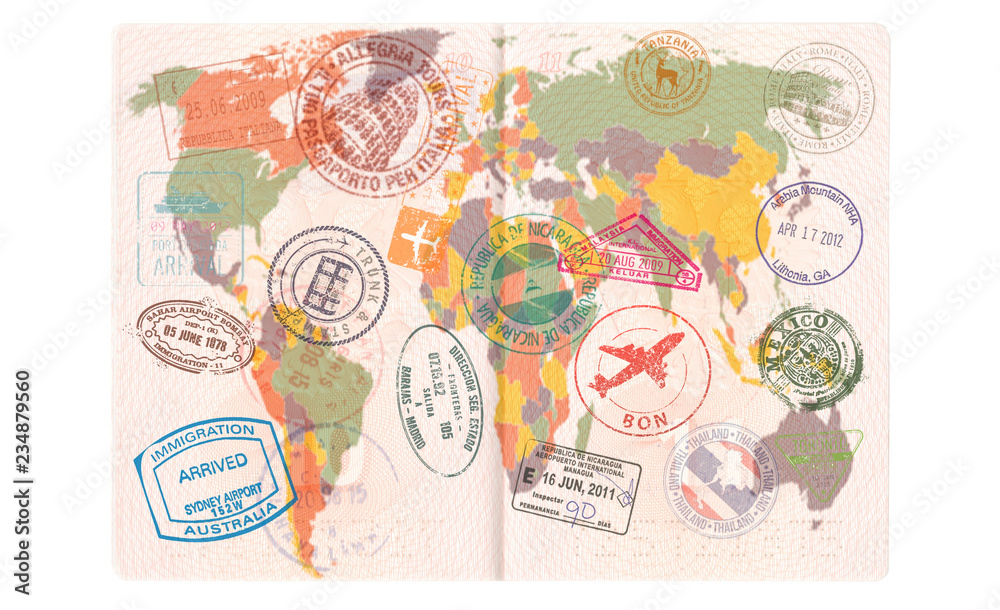 Opened passport with Visas, Stamps, Seals. World Map Travel or Tourism concept