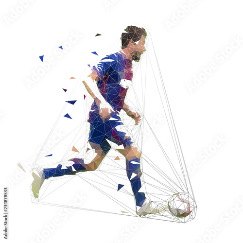 Football player in dark blue jersey running with ball  abstract low poly vector drawing. Soccer player kicking ball. Isolated geometric colorful illustration  side view