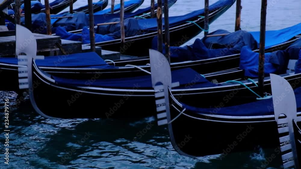 Close up video of moored gondolas on San Marco Square in Venice, Italy. Venice classical landmark Close up video of moored gondolas on San Marco Square in Venice, Italy. Venice classical landmark