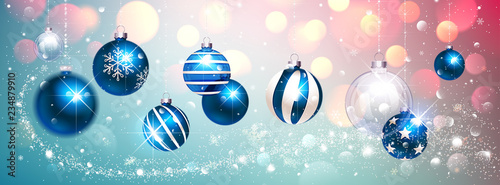 Blue Christmas Balls on Colorful Winter Background. Vector