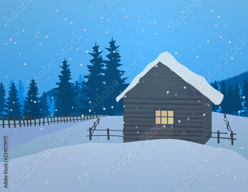 Christmas winter landscape with a house in the forest. Snowy evening village in the forest on a background of mountains. Christmas snowman. Flat vector illustration © gerik_a