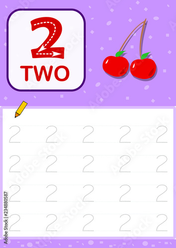 Number two pattern trace worksheet for kids. Learning to write numbers and practice.