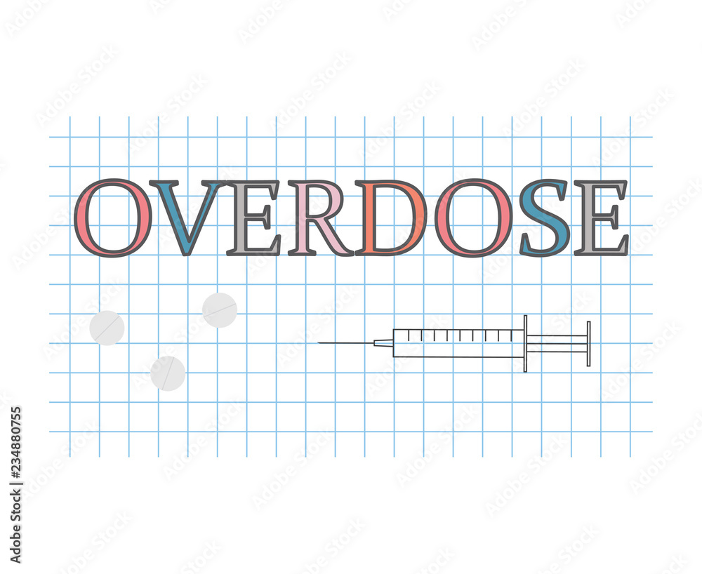 overdose word on checkered paper sheet- vector illustration