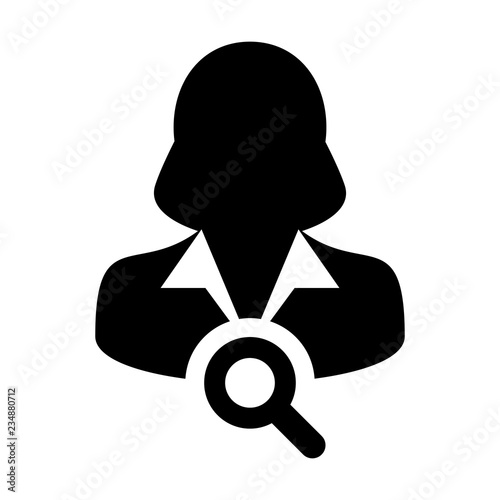 User search icon vector female person profile avatar symbol with magnifying glass in flat color glyph pictogram illustration