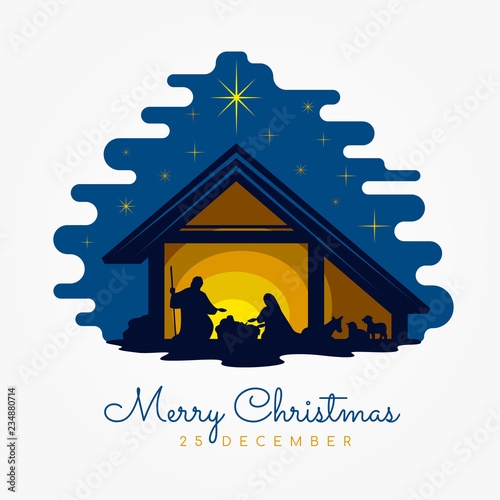 Merry Christmas banner sign with Nightly christmas scenery mary and joseph in a manger with baby Jesus vector design