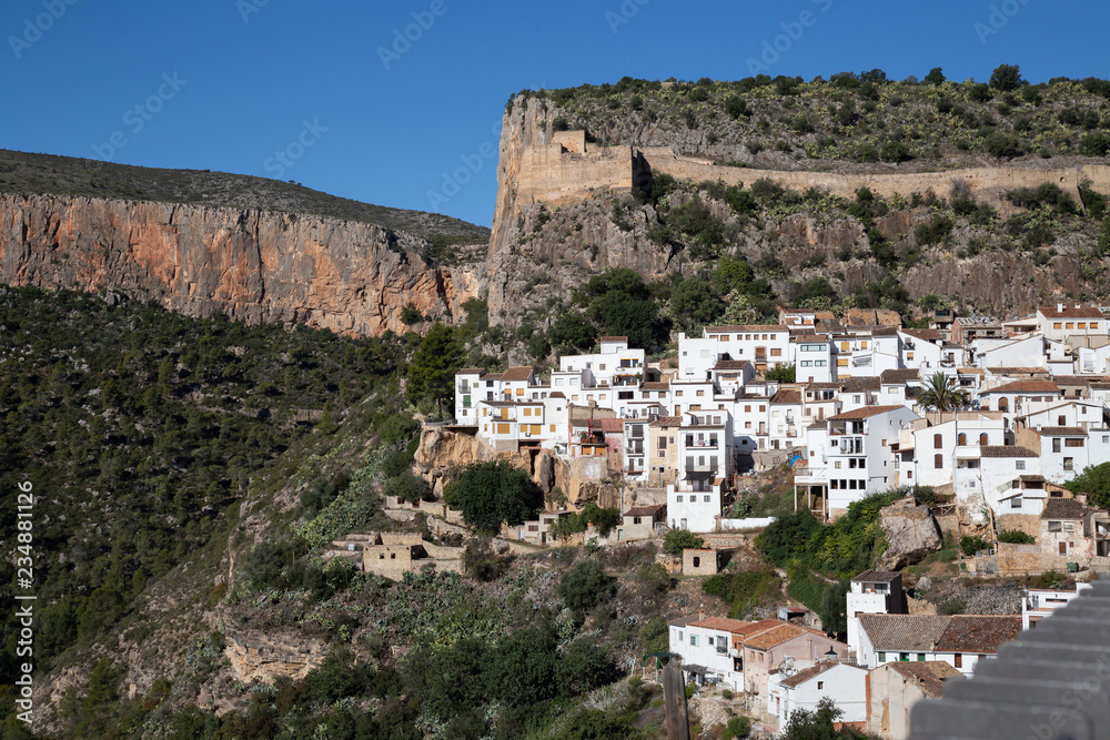 Chulilla, Valencia, Spain. Village of white houses located between mountains a sunny morning.