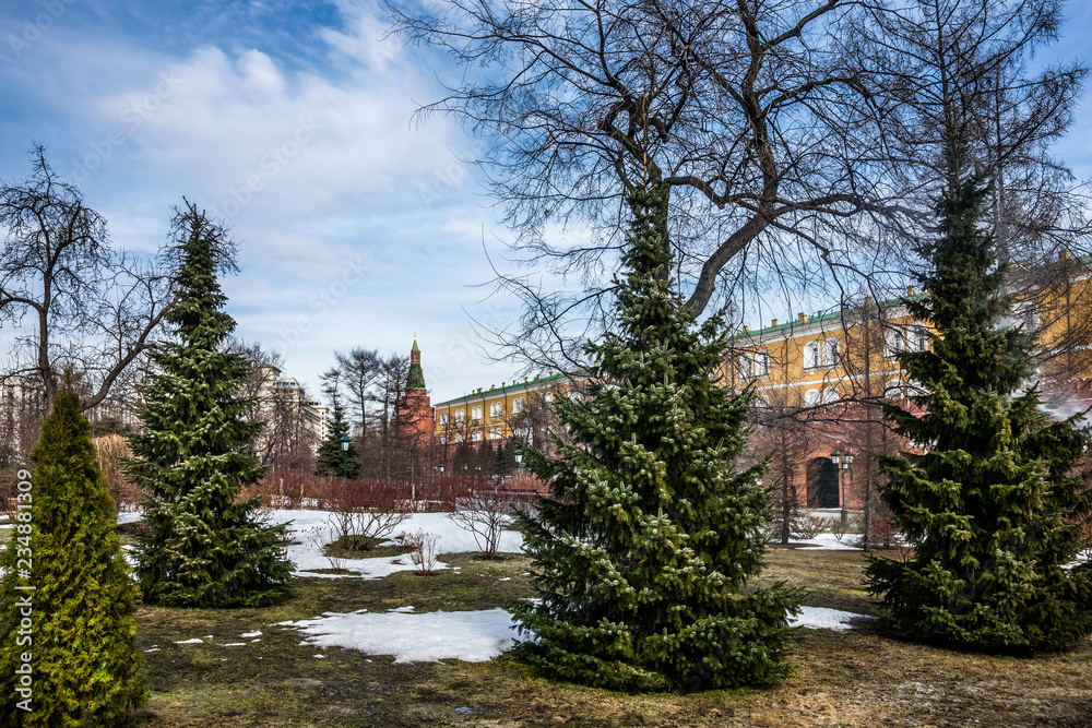 Obraz premium Alexander Garden and Moscow Kremlin wall in spring sunny day.