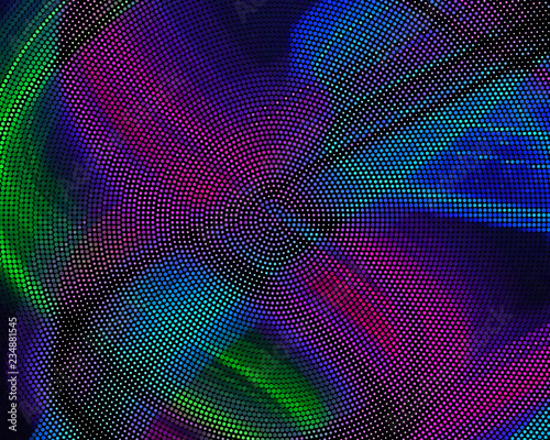 Bright dynamic background with wavy lines of circles, dots. Rounds of different scale neon color. Vector illustration.