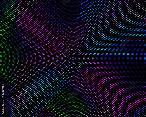 Bright dynamic background with wavy lines of circles, dots. Rounds of different scale neon color. Vector illustration.