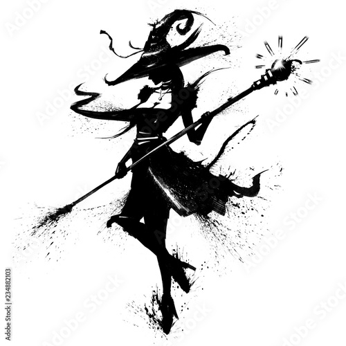 Fotografie Witch with a staff in a hat with a curl