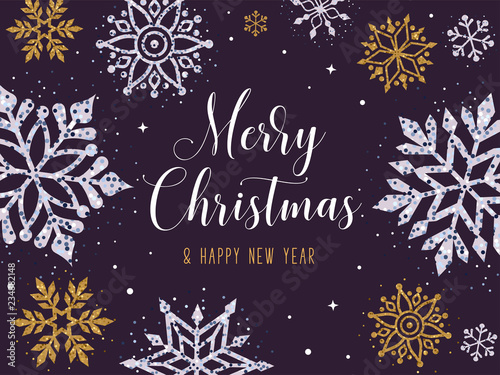 Merry Christmas and Happy New Year greeting card. Vector illustration with silver and golden glitter snowflakes and cursive inscription on the dark violet background.