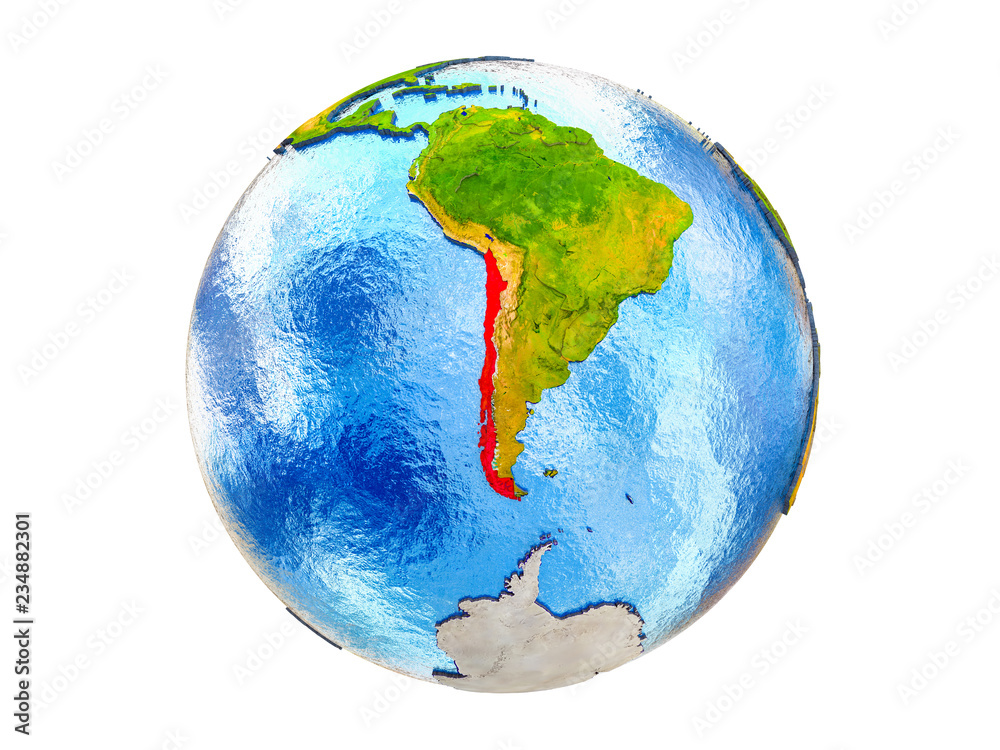 Chile on 3D model of Earth with country borders and water in oceans. 3D illustration isolated on white background.