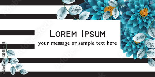 Blue turquoise watercolor flowers banner Vector. Abstract black and white stripes on background. Business card or posters