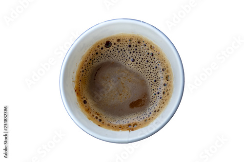 Top view of a paper cup of black coffee on isolated on white background
