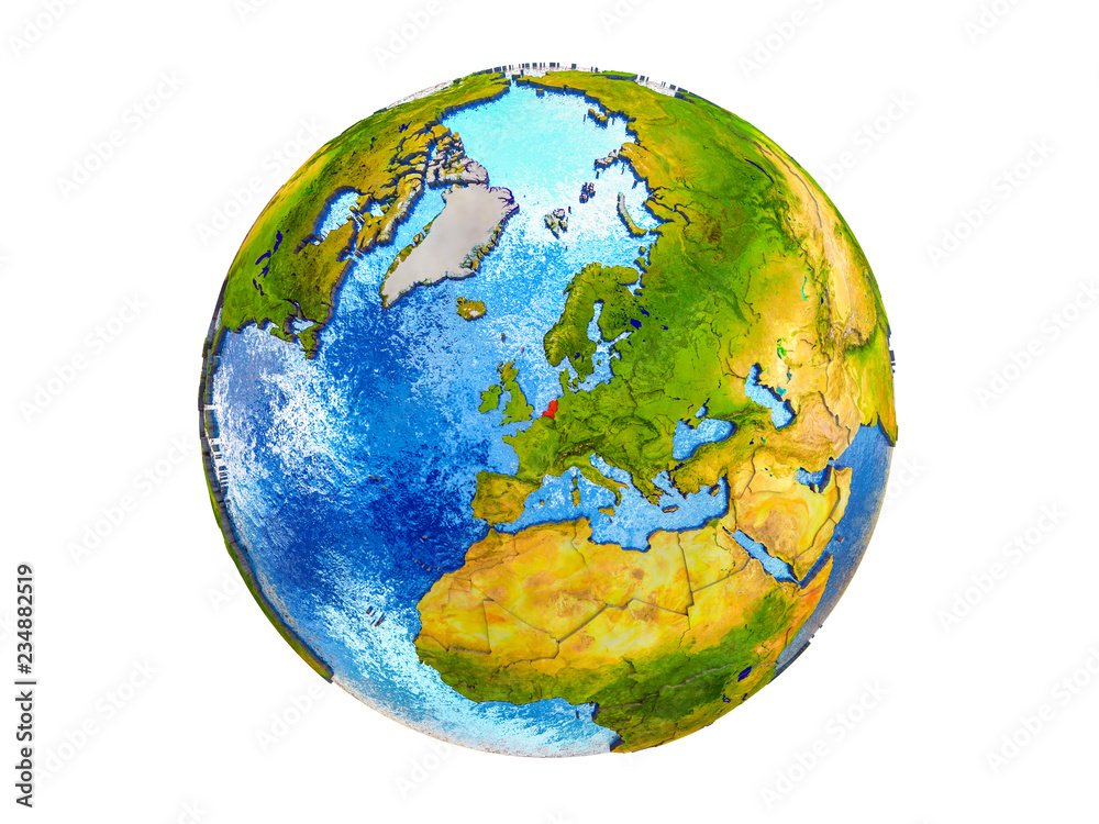 Netherlands on 3D model of Earth with country borders and water in oceans. 3D illustration isolated on white background. Netherlands on 3D model of Earth with country borders and water in oceans. 3D illustration isolated on white background.