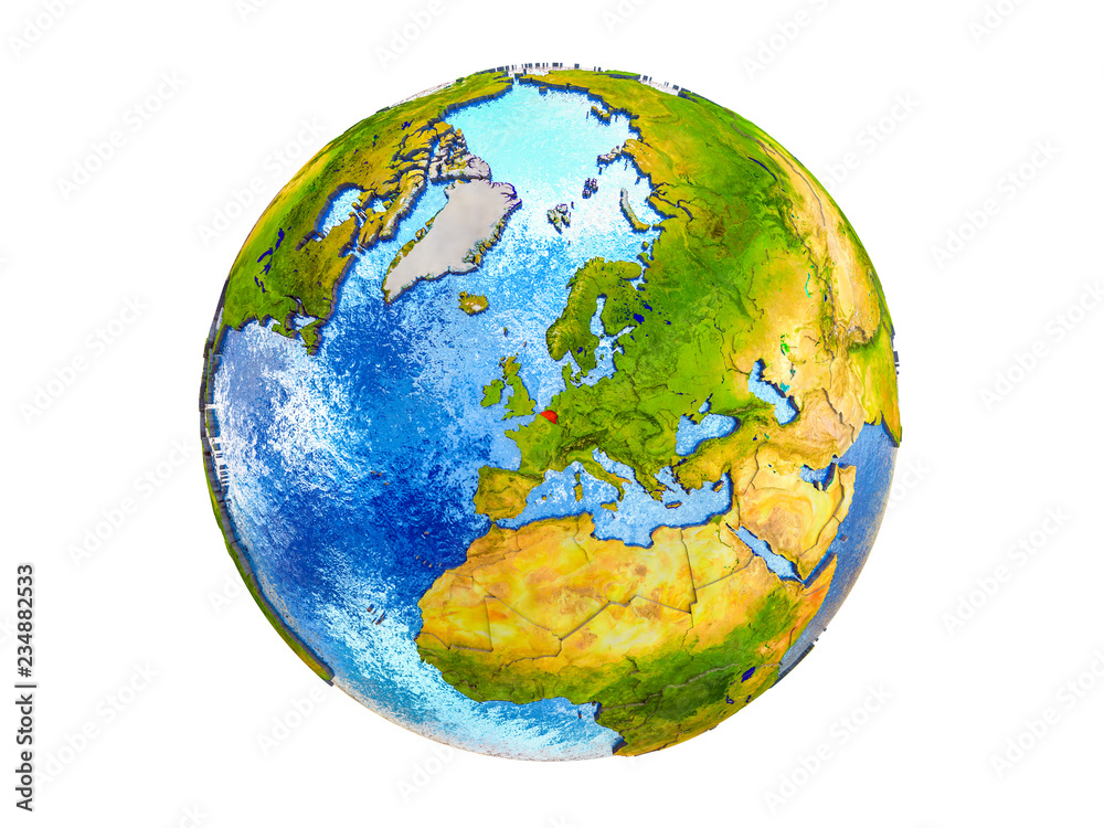 Belgium on 3D model of Earth with country borders and water in oceans. 3D illustration isolated on white background. Belgium on 3D model of Earth with country borders and water in oceans. 3D illustration isolated on white background.