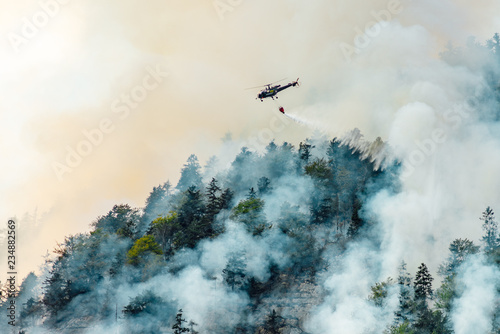 helicopter extinguishes forest fire on the slope of fuming mountain