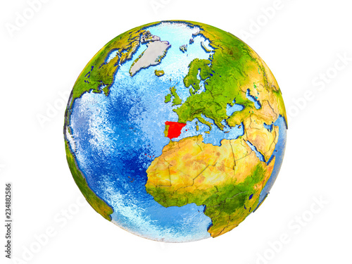 Spain on 3D model of Earth with country borders and water in oceans. 3D illustration isolated on white background.