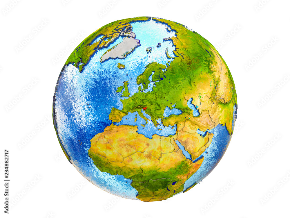 Slovenia on 3D model of Earth with country borders and water in oceans. 3D illustration isolated on white background. Slovenia on 3D model of Earth with country borders and water in oceans. 3D illustration isolated on white background.