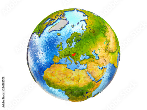 Hungary on 3D model of Earth with country borders and water in oceans. 3D illustration isolated on white background.