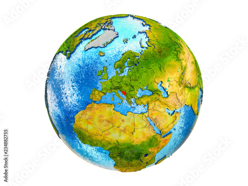 Bosnia and Herzegovina on 3D model of Earth with country borders and water in oceans. 3D illustration isolated on white background.
