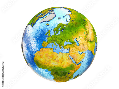 Kosovo on 3D model of Earth with country borders and water in oceans. 3D illustration isolated on white background.