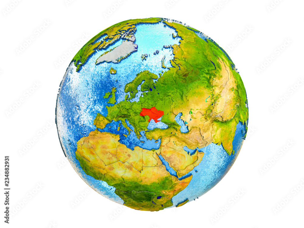 Ukraine on 3D model of Earth with country borders and water in oceans. 3D illustration isolated on white background. Ukraine on 3D model of Earth with country borders and water in oceans. 3D illustration isolated on white background.