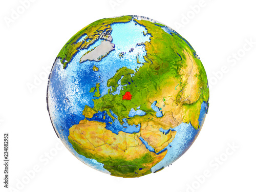 Belarus on 3D model of Earth with country borders and water in oceans. 3D illustration isolated on white background.