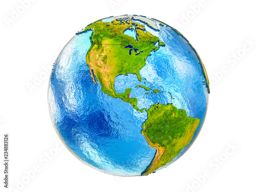 Belize on 3D model of Earth with country borders and water in oceans. 3D illustration isolated on white background.