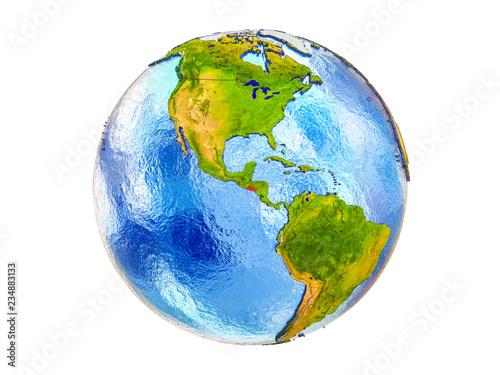 El Salvador on 3D model of Earth with country borders and water in oceans. 3D illustration isolated on white background.