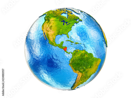 Nicaragua on 3D model of Earth with country borders and water in oceans. 3D illustration isolated on white background.