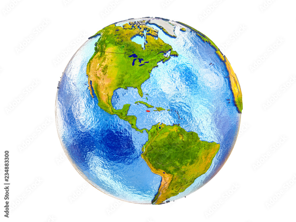 Jamaica on 3D model of Earth with country borders and water in oceans. 3D illustration isolated on white background.