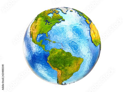 Caribbean on 3D model of Earth with country borders and water in oceans. 3D illustration isolated on white background.