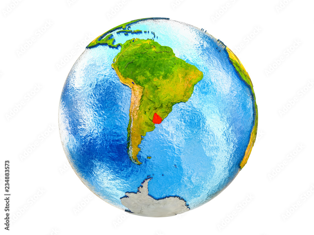 Uruguay on 3D model of Earth with country borders and water in oceans. 3D illustration isolated on white background.