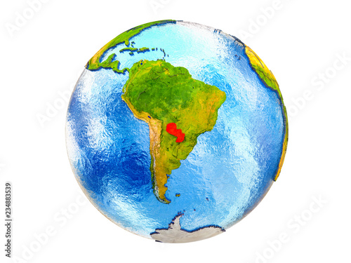 Paraguay on 3D model of Earth with country borders and water in oceans. 3D illustration isolated on white background.