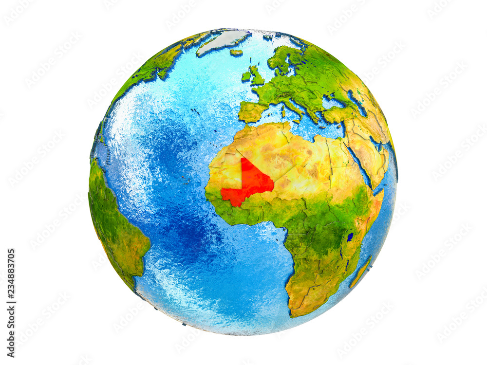 Mali on 3D model of Earth with country borders and water in oceans. 3D illustration isolated on white background. Mali on 3D model of Earth with country borders and water in oceans. 3D illustration isolated on white background.