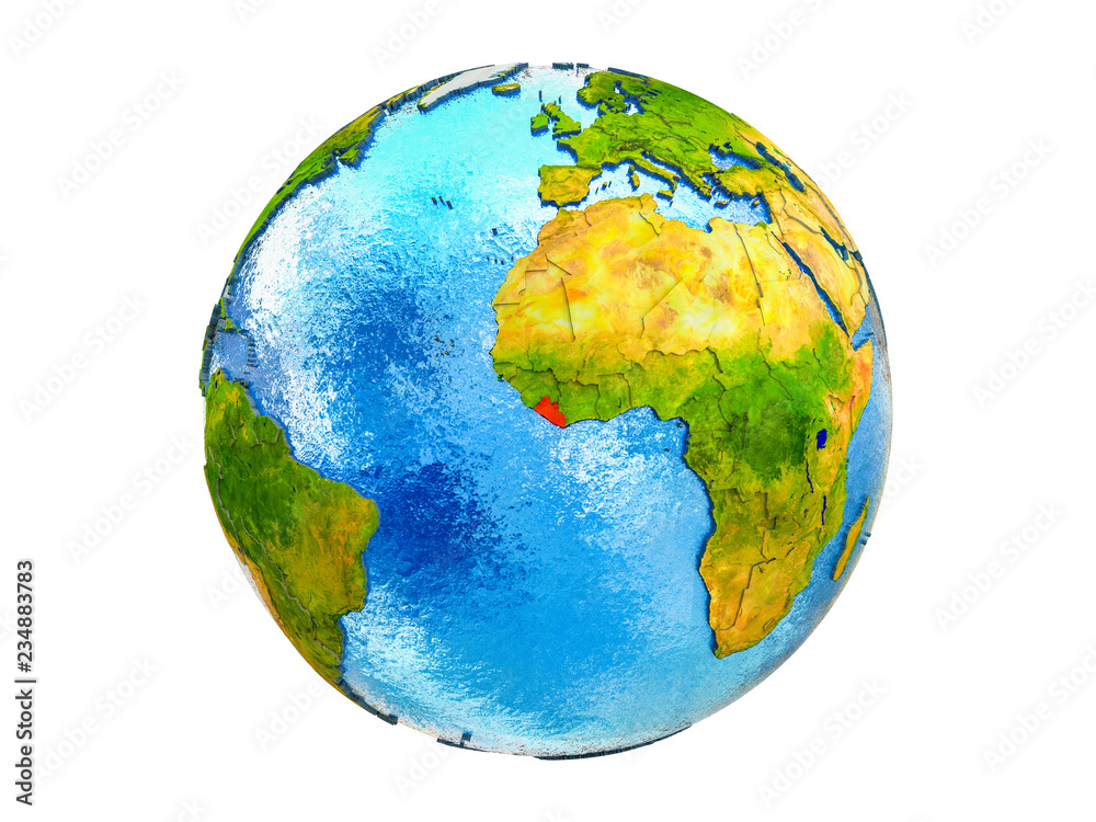 Liberia on 3D model of Earth with country borders and water in oceans. 3D illustration isolated on white background. Liberia on 3D model of Earth with country borders and water in oceans. 3D illustration isolated on white background.