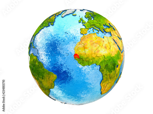 Senegal on 3D model of Earth with country borders and water in oceans. 3D illustration isolated on white background.