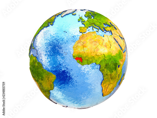 Guinea on 3D model of Earth with country borders and water in oceans. 3D illustration isolated on white background.