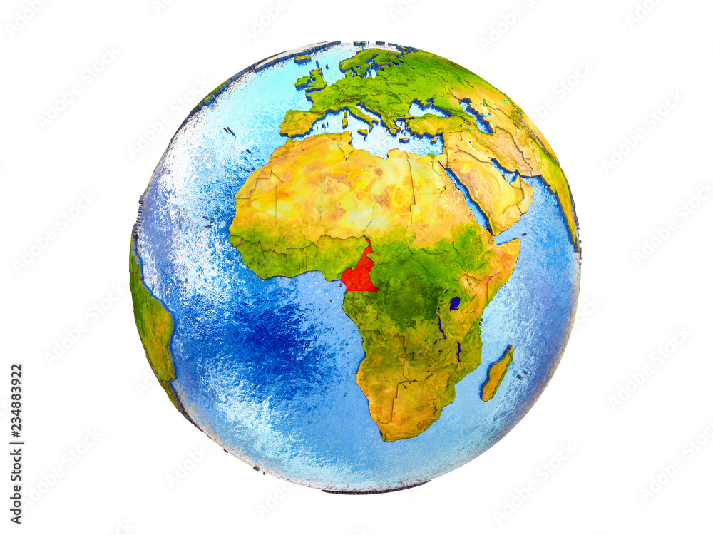 Cameroon on 3D model of Earth with country borders and water in oceans. 3D illustration isolated on white background.