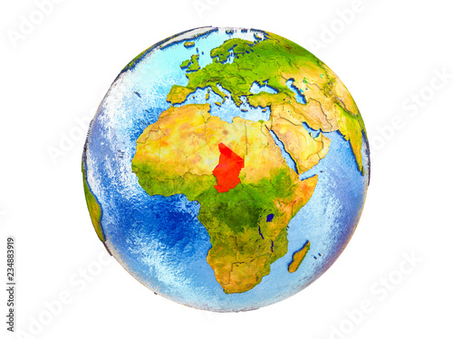 Chad on 3D model of Earth with country borders and water in oceans. 3D illustration isolated on white background.