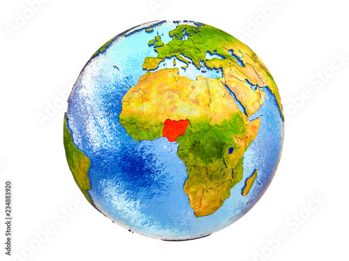 Nigeria on 3D model of Earth with country borders and water in oceans. 3D illustration isolated on white background.