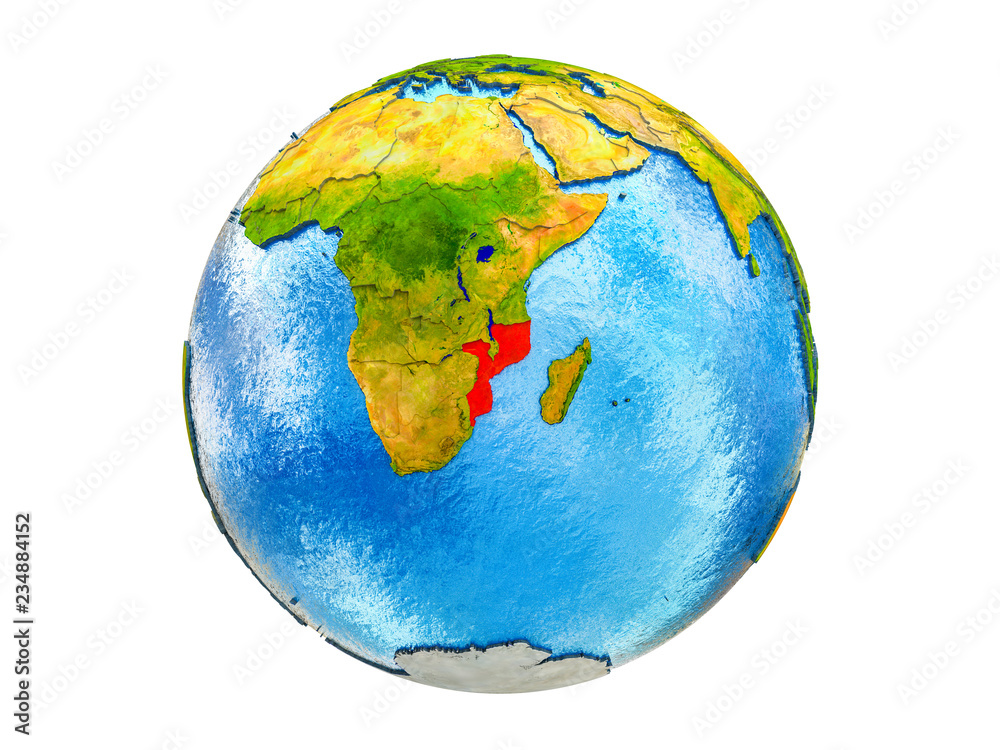 Mozambique on 3D model of Earth with country borders and water in oceans. 3D illustration isolated on white background. Mozambique on 3D model of Earth with country borders and water in oceans. 3D illustration isolated on white background.