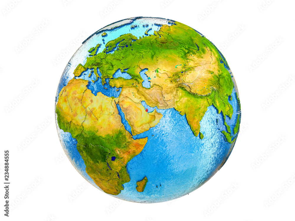 Qatar on 3D model of Earth with country borders and water in oceans. 3D illustration isolated on white background.