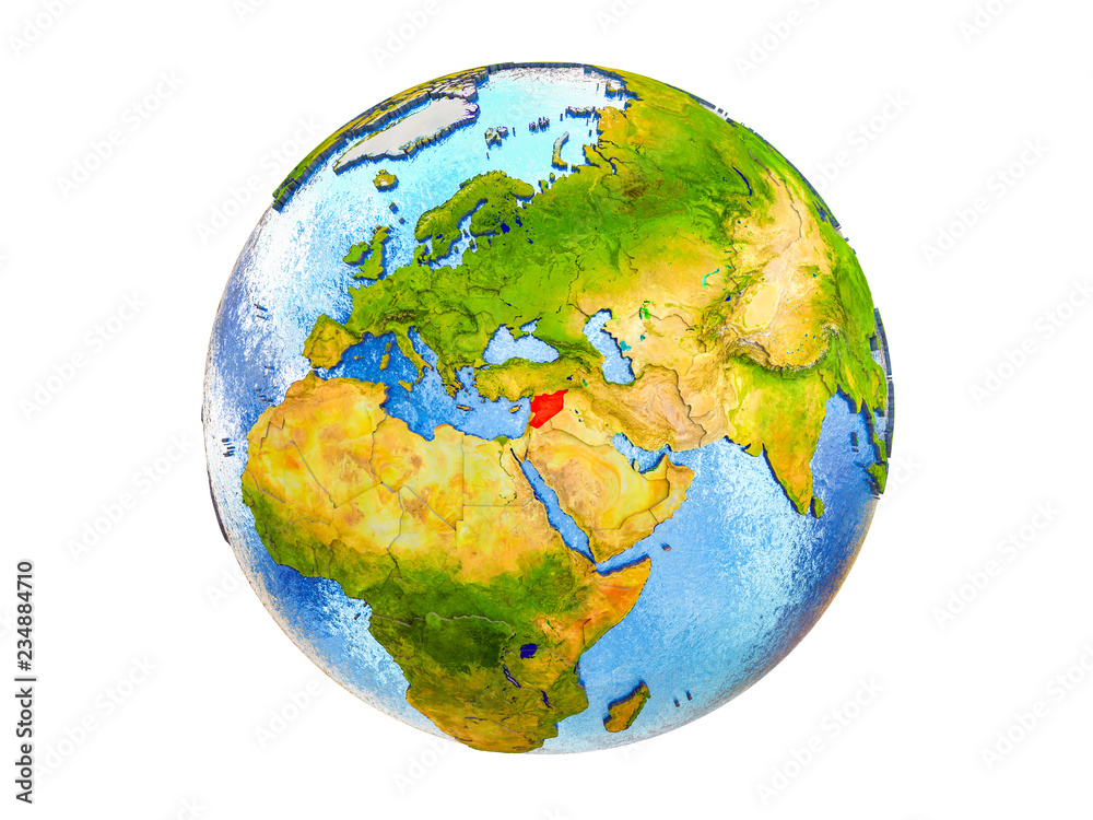 Syria on 3D model of Earth with country borders and water in oceans. 3D illustration isolated on white background. Syria on 3D model of Earth with country borders and water in oceans. 3D illustration isolated on white background.