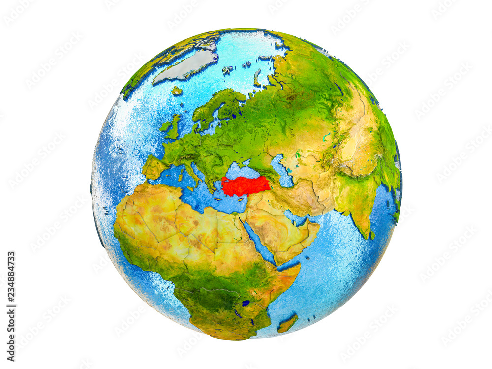 Turkey on 3D model of Earth with country borders and water in oceans. 3D illustration isolated on white background. Turkey on 3D model of Earth with country borders and water in oceans. 3D illustration isolated on white background.