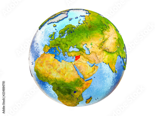 Fototapeta Naklejka Na Ścianę i Meble -  Syria on 3D model of Earth with country borders and water in oceans. 3D illustration isolated on white background.