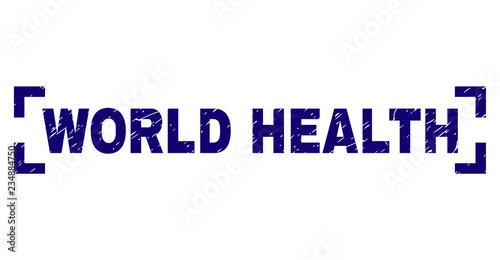 WORLD HEALTH text seal imprint with corroded style. Text caption is placed inside corners. Blue vector rubber print of WORLD HEALTH with corroded texture.